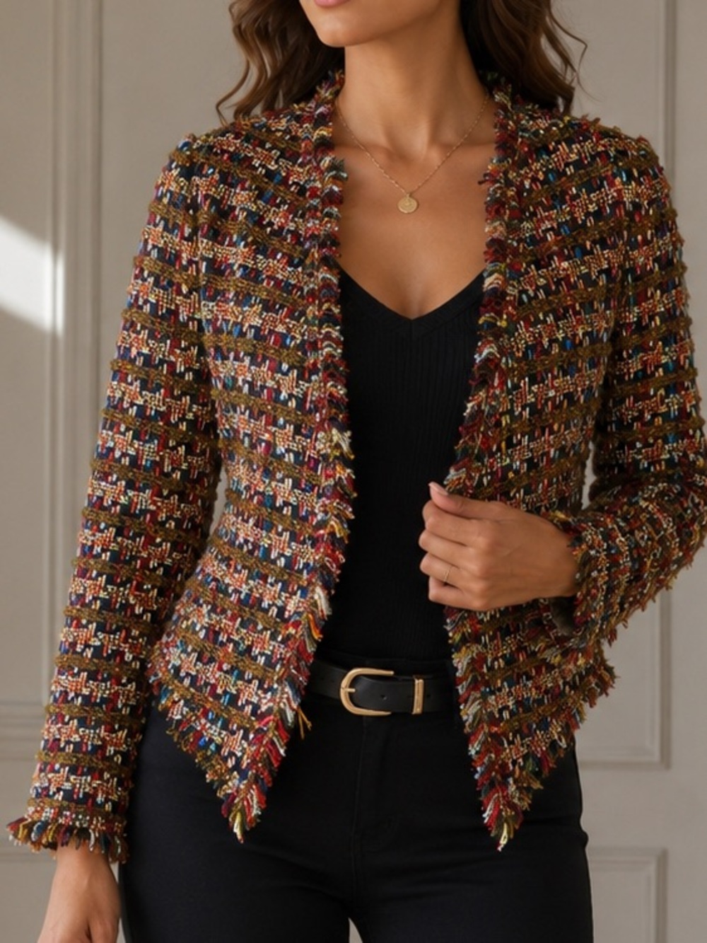 Zara Woven Multicolor Tweed Open-Front Jacket